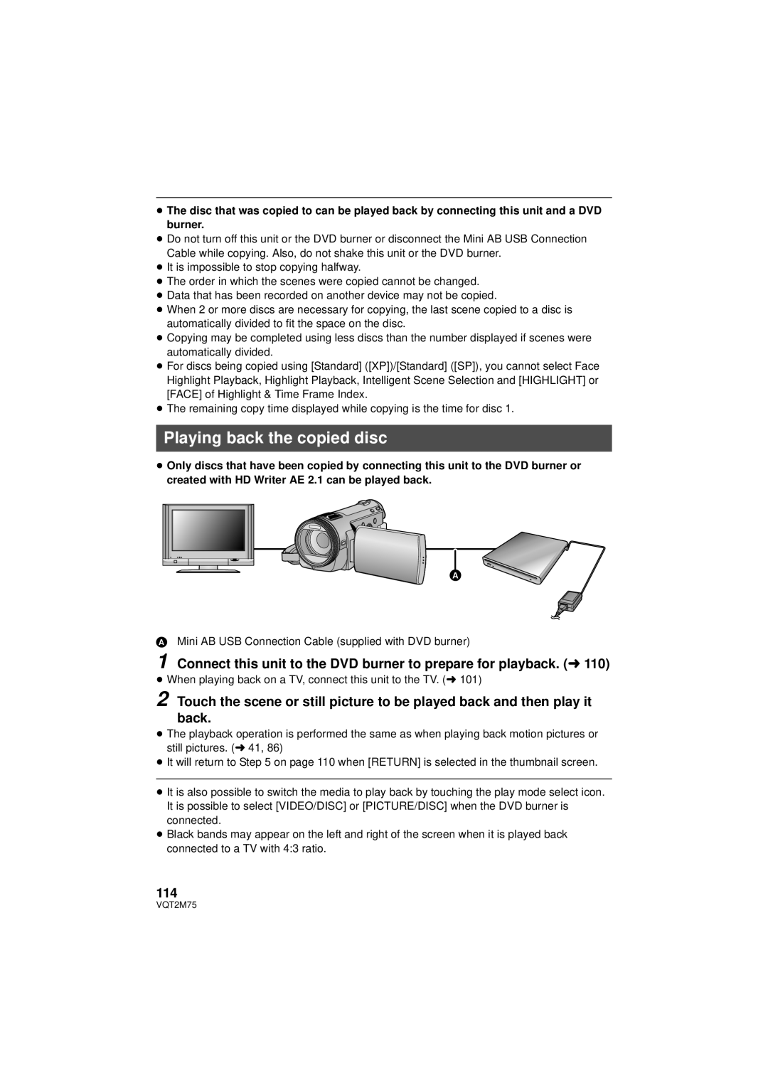 Panasonic HDC-TM700P/PC Playing back the copied disc, 114, Mini AB USB Connection Cable supplied with DVD burner 