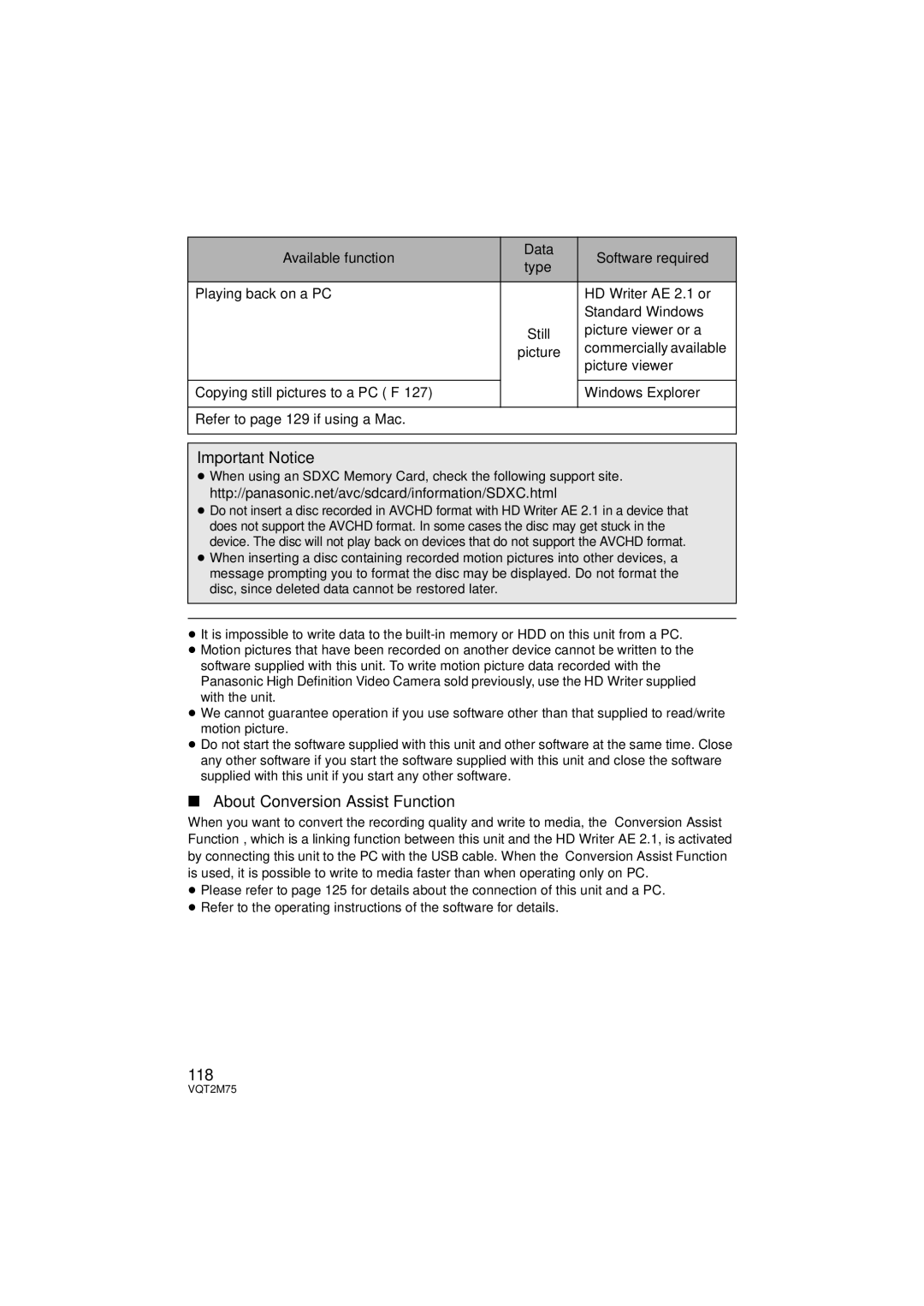 Panasonic HDC-TM700K About Conversion Assist Function, 118, Available function Data Software required, Picture 