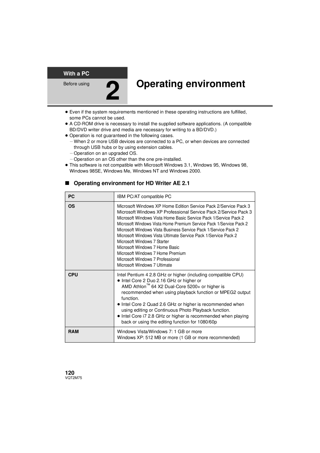 Panasonic HDC-TM700P/PC, HDC-TM700K, HDC-HS700P/PC Operating environment for HD Writer AE, 120, Cpu, Ram 