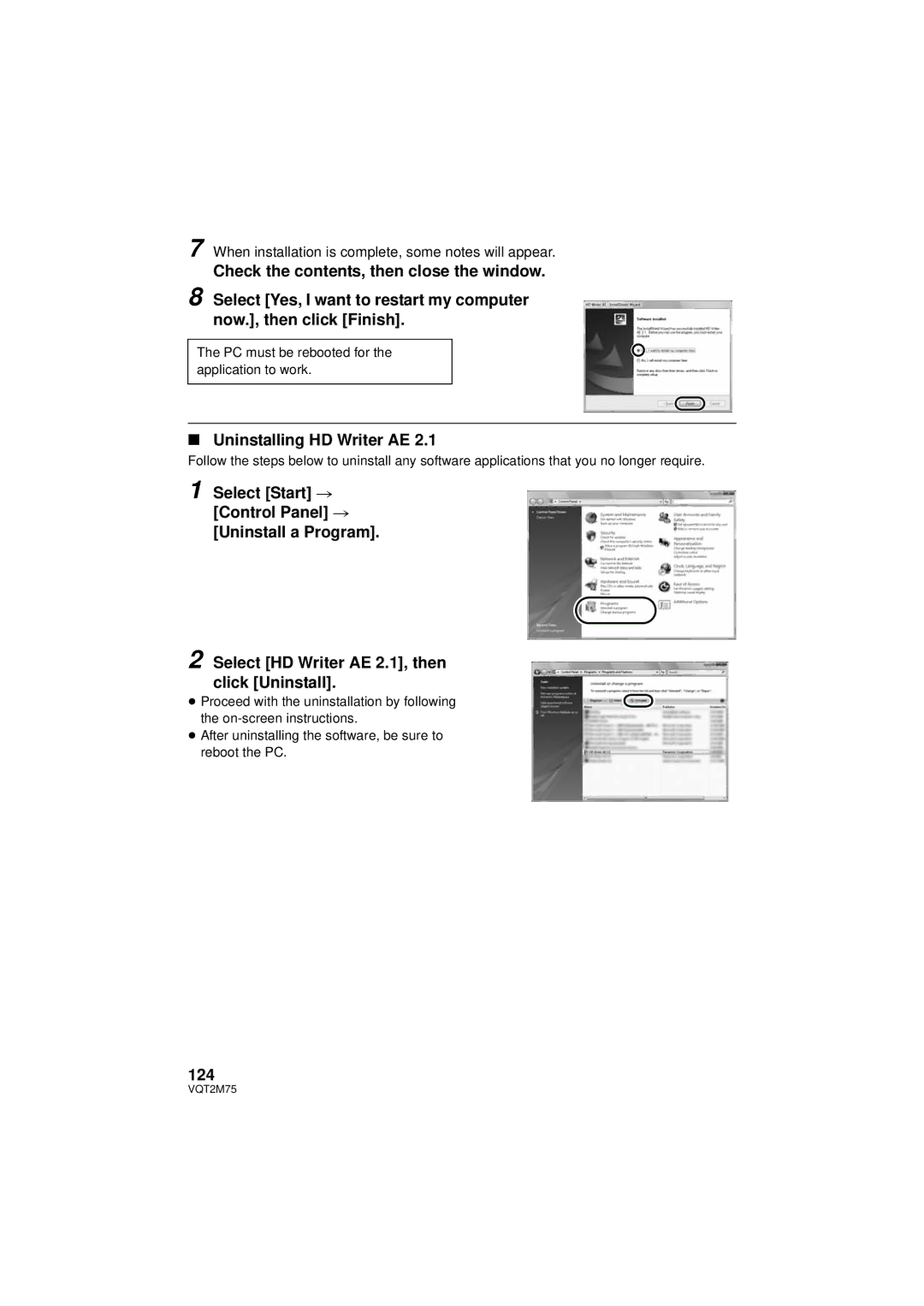 Panasonic HDC-TM700K, HDC-TM700P/PC Uninstalling HD Writer AE, 124, PC must be rebooted for the application to work 