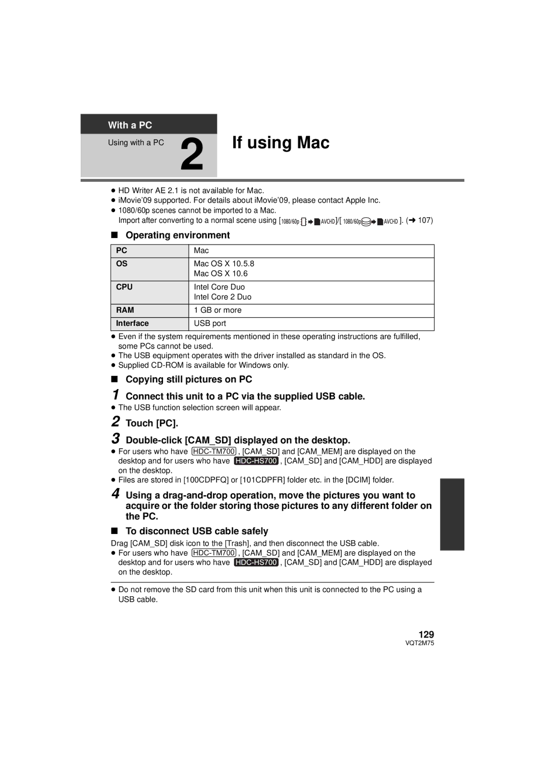 Panasonic HDC-TM700P/PC, HDC-TM700K Operating environment, Touch PC Double-click Camsd displayed on the desktop, 129 