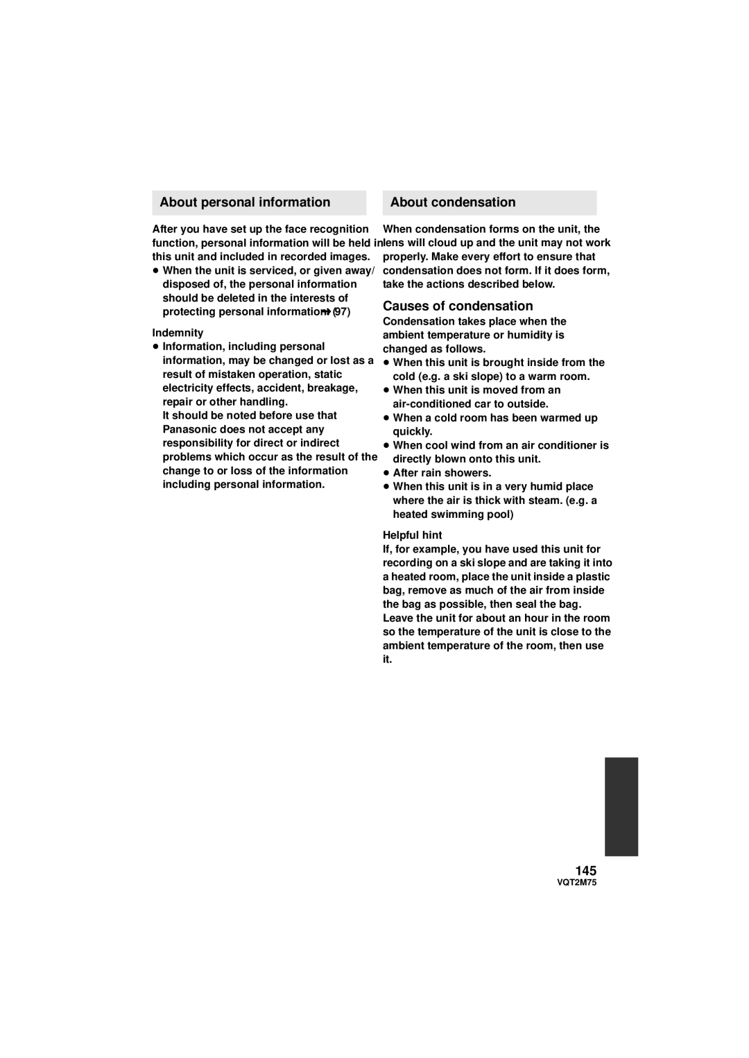 Panasonic HDC-TM700K, HDC-TM700P/PC About personal information, About condensation, Causes of condensation, 145 