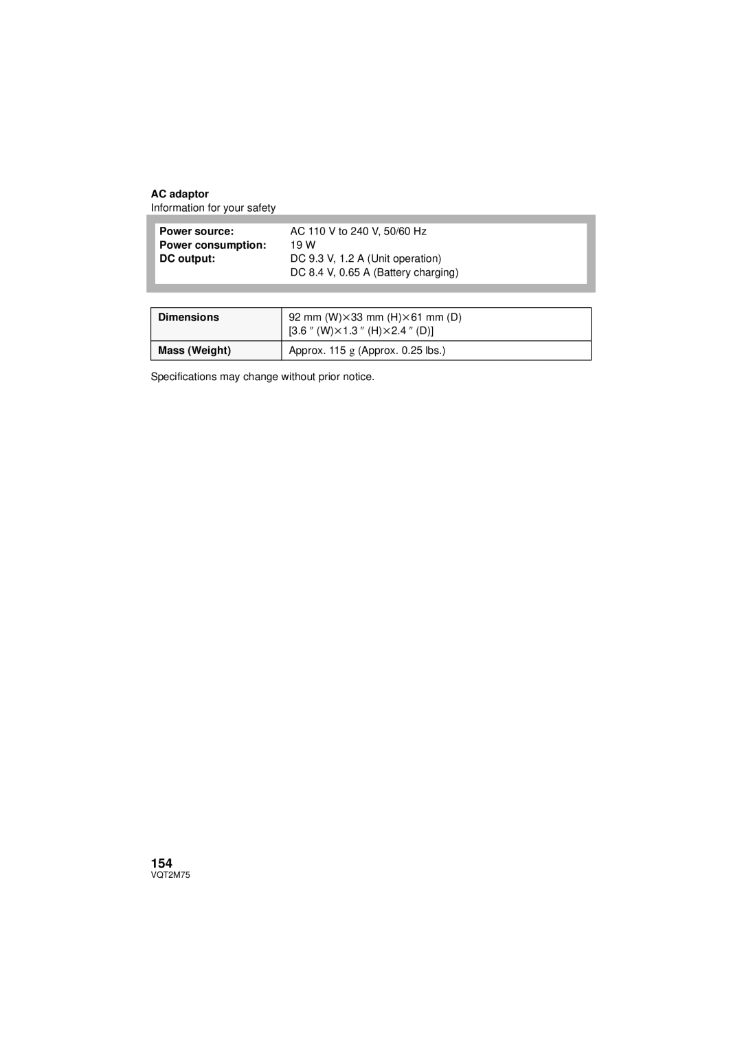 Panasonic HDC-TM700K, HDC-TM700P/PC, HDC-HS700P/PC operating instructions 154, DC output 