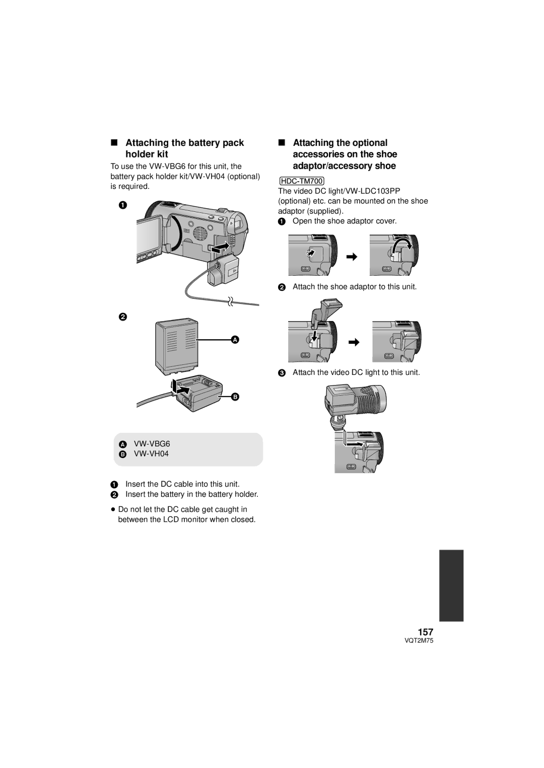 Panasonic HDC-TM700K, HDC-TM700P/PC, HDC-HS700P/PC operating instructions Attaching the battery pack holder kit, 157 