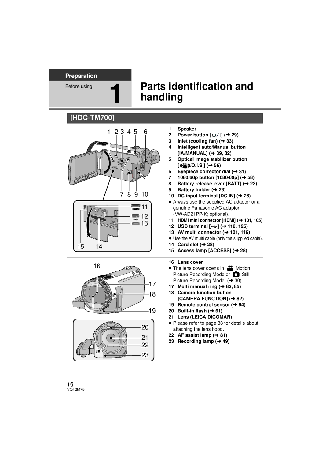 Panasonic HDC-TM700K, HDC-TM700P/PC, HDC-HS700P/PC operating instructions Parts identification, Handling, Before using 