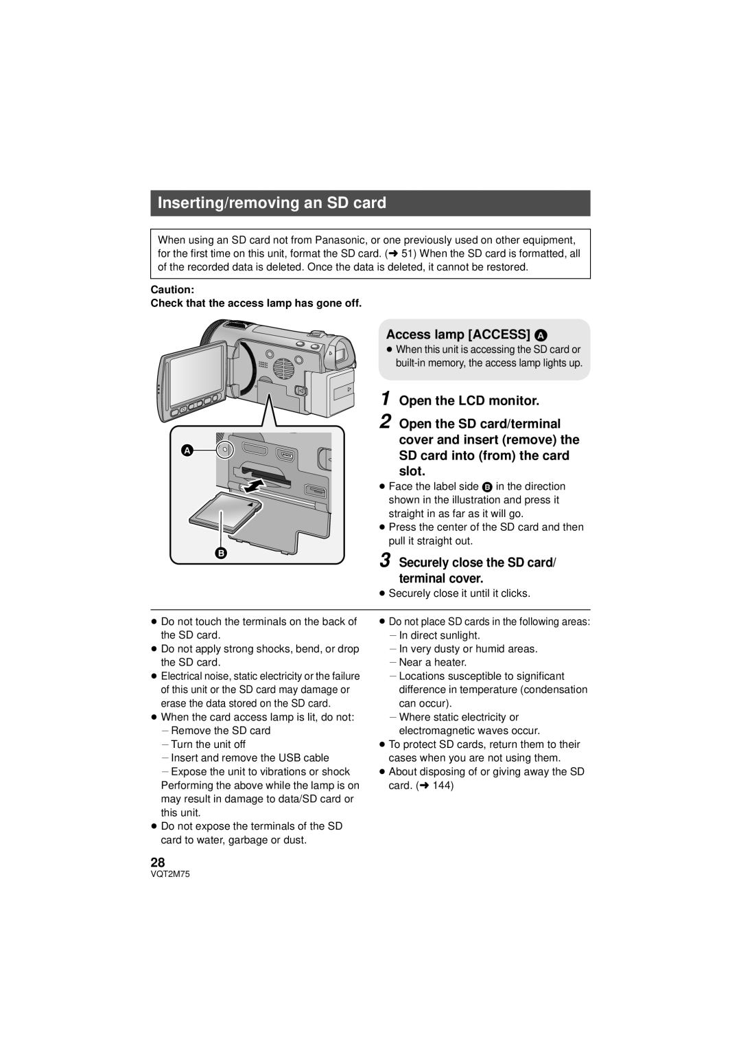 Panasonic HDC-TM700K Inserting/removing an SD card, Access lamp Access a, Securely close the SD card/ terminal cover 