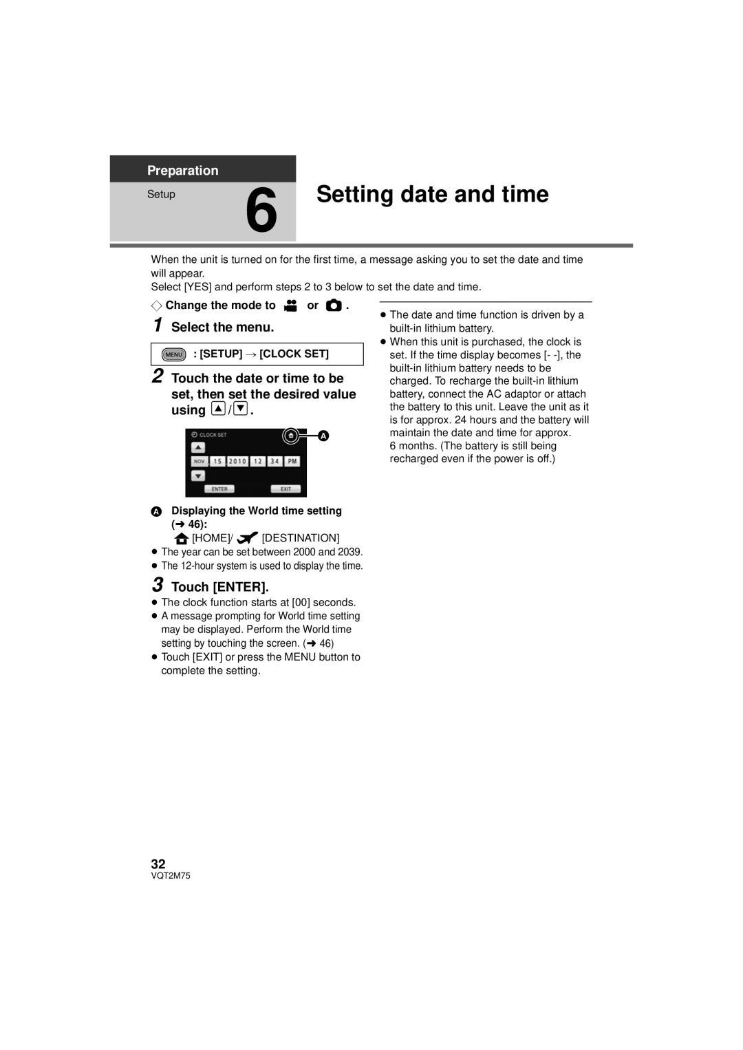 Panasonic HDC-HS700P/PC, HDC-TM700P/PC, HDC-TM700K Setting date and time, Select the menu, Touch Enter, Setup # Clock SET 