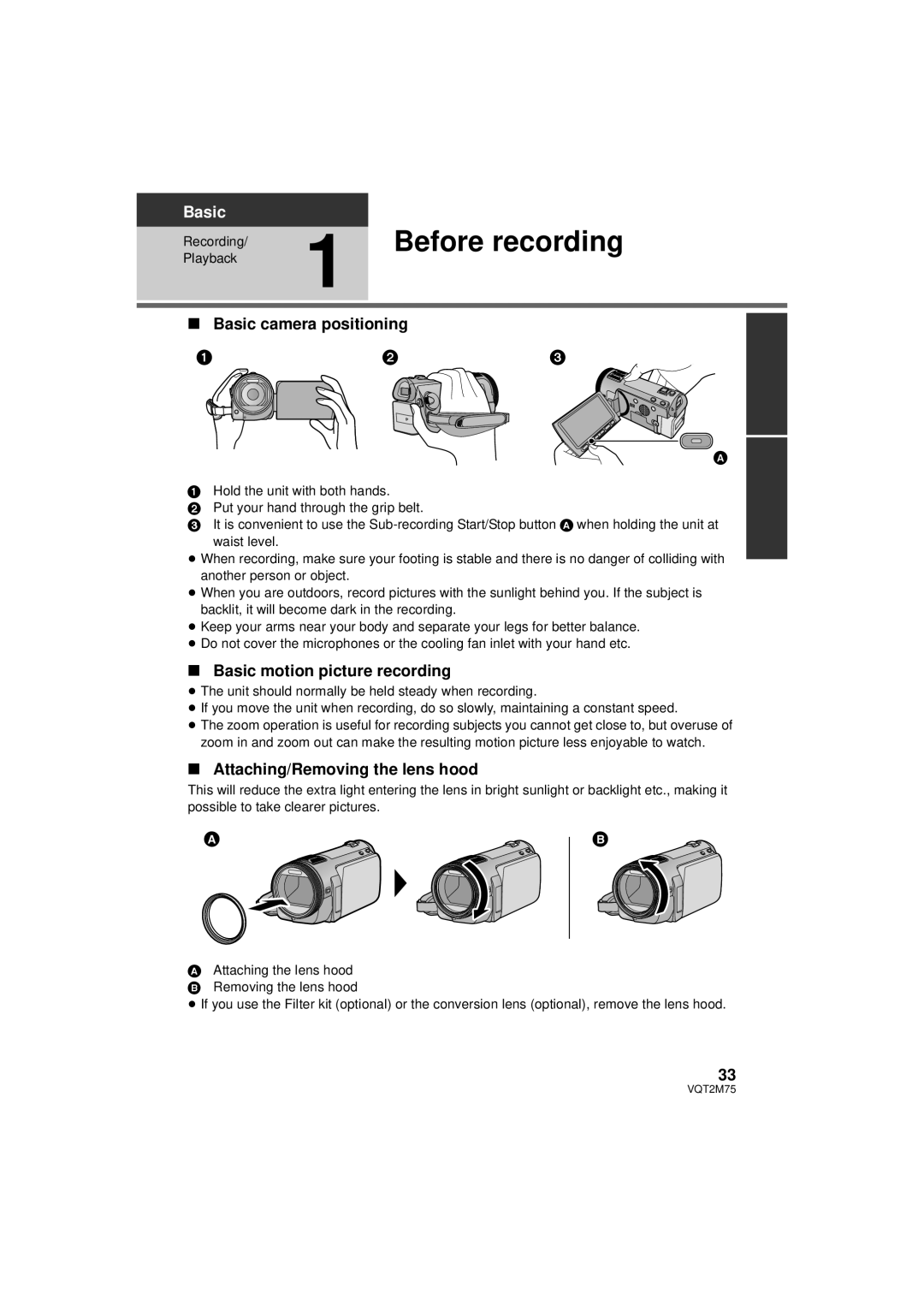 Panasonic HDC-TM700P/PC Before recording, Basic camera positioning, Basic motion picture recording, Playback Recording 