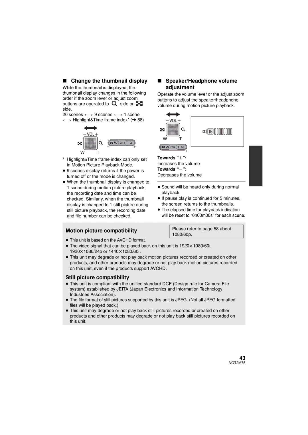 Panasonic HDC-TM700K Change the thumbnail display, Speaker/Headphone volume adjustment, Motion picture compatibility 