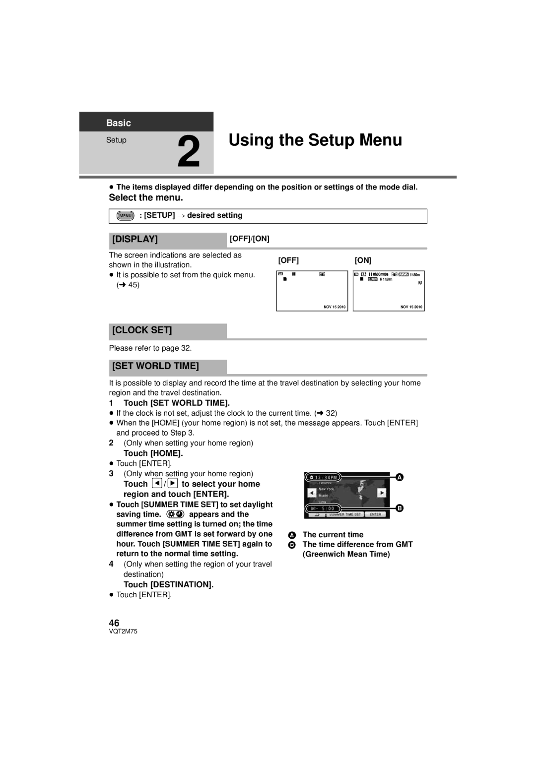 Panasonic HDC-TM700K, HDC-TM700P/PC, HDC-HS700P/PC Using the Setup Menu, Displayoff/On, Clock SET, SET World Time 