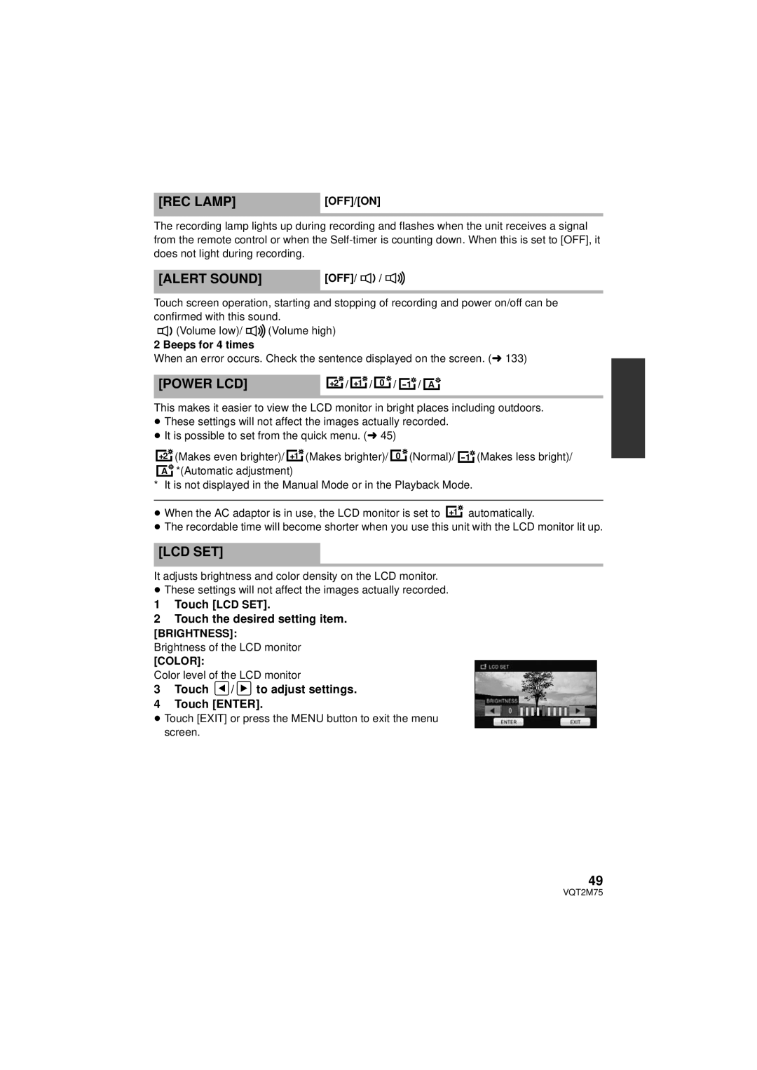 Panasonic HDC-TM700K, HDC-TM700P/PC, HDC-HS700P/PC operating instructions REC Lamp, Alert Sound, Power LCD, Lcd Set 