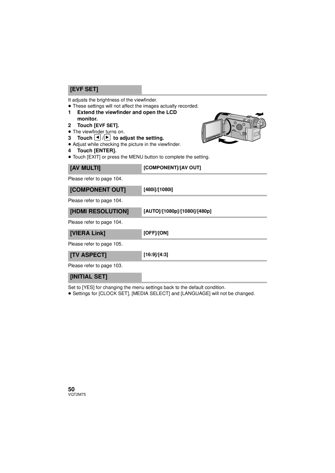 Panasonic HDC-HS700P/PC, HDC-TM700P/PC Evf Set, AV Multi, Component OUT, Hdmi Resolution, TV Aspect, Initial SET 