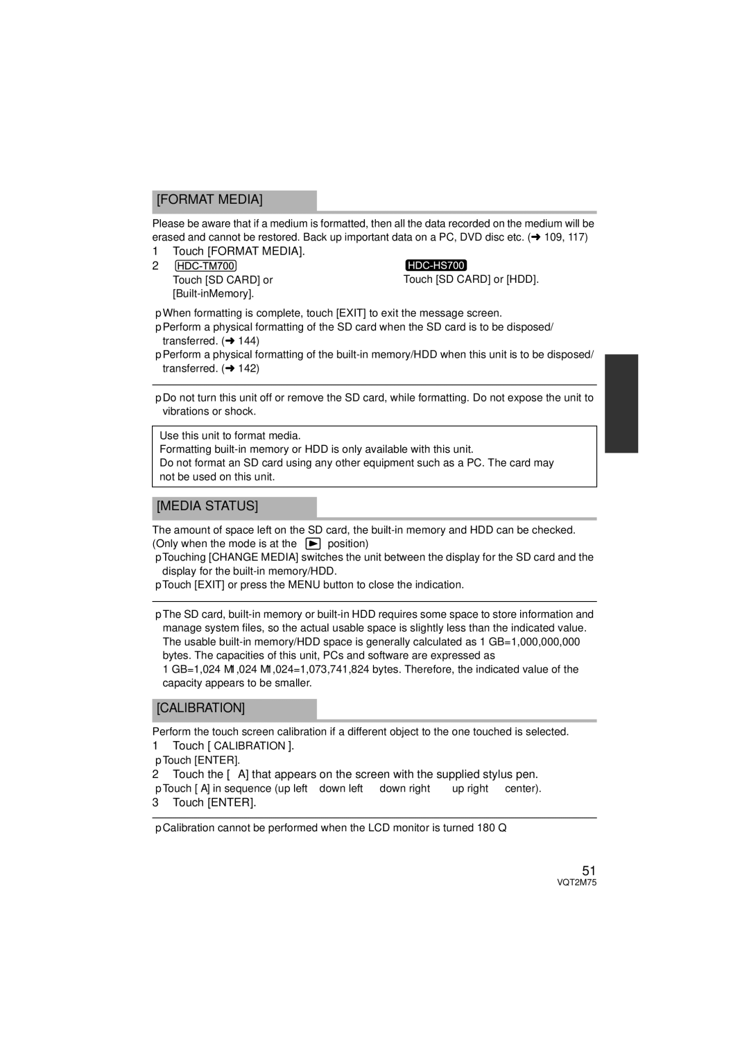 Panasonic HDC-TM700P/PC, HDC-TM700K, HDC-HS700P/PC operating instructions Media Status, Calibration, Touch Format Media 