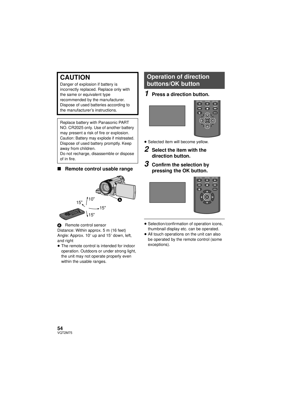 Panasonic HDC-TM700P/PC Operation of direction buttons/OK button, Remote control usable range, Press a direction button 