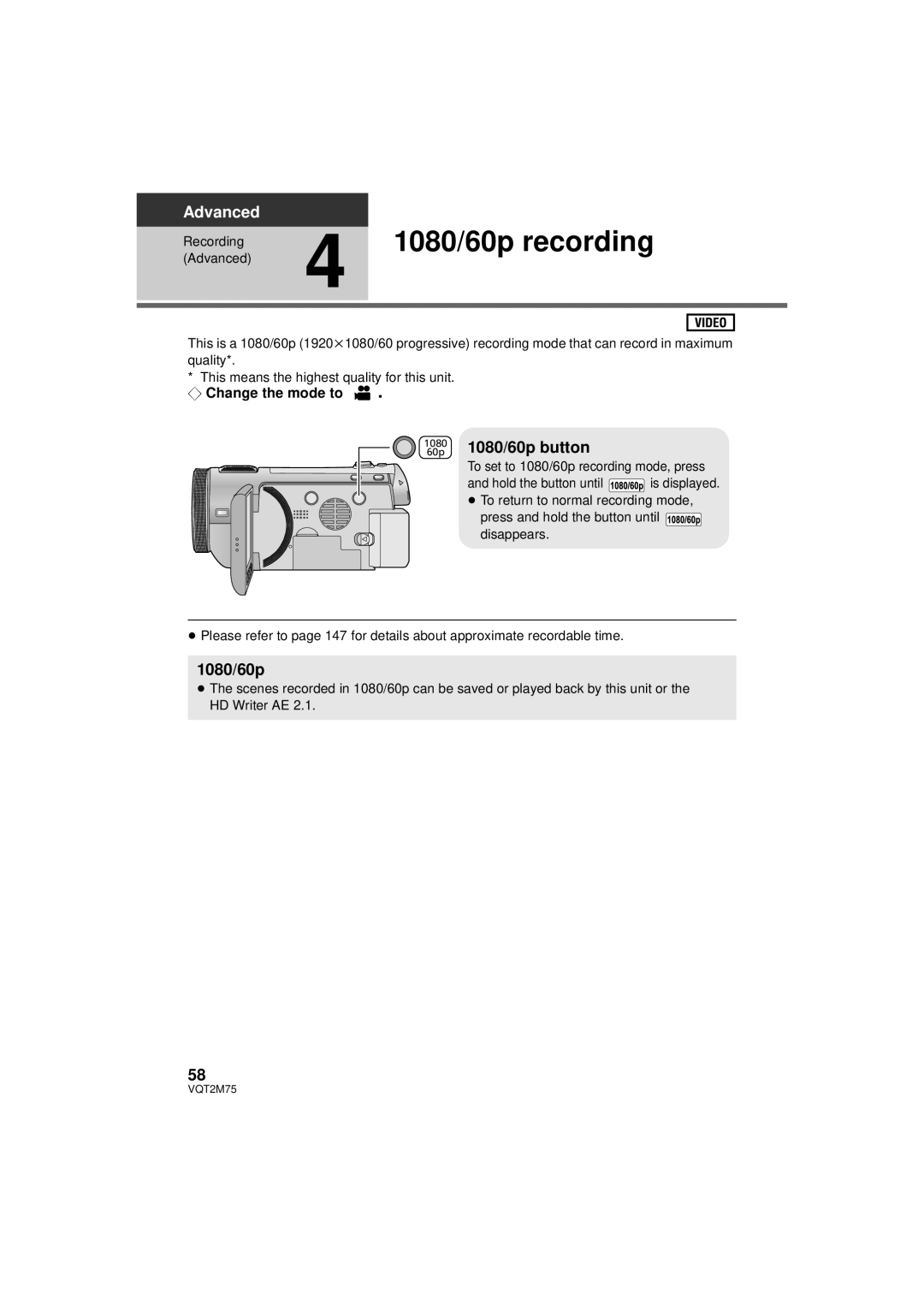 Panasonic HDC-TM700K, HDC-TM700P/PC, HDC-HS700P/PC operating instructions 1080/60p recording, 1080/60p button 