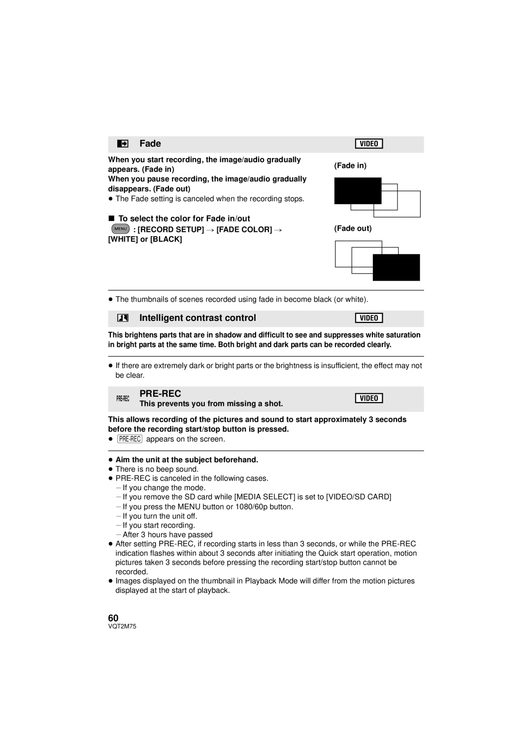 Panasonic HDC-TM700P/PC Intelligent contrast control, To select the color for Fade in/out, Record Setup # Fade Color # 