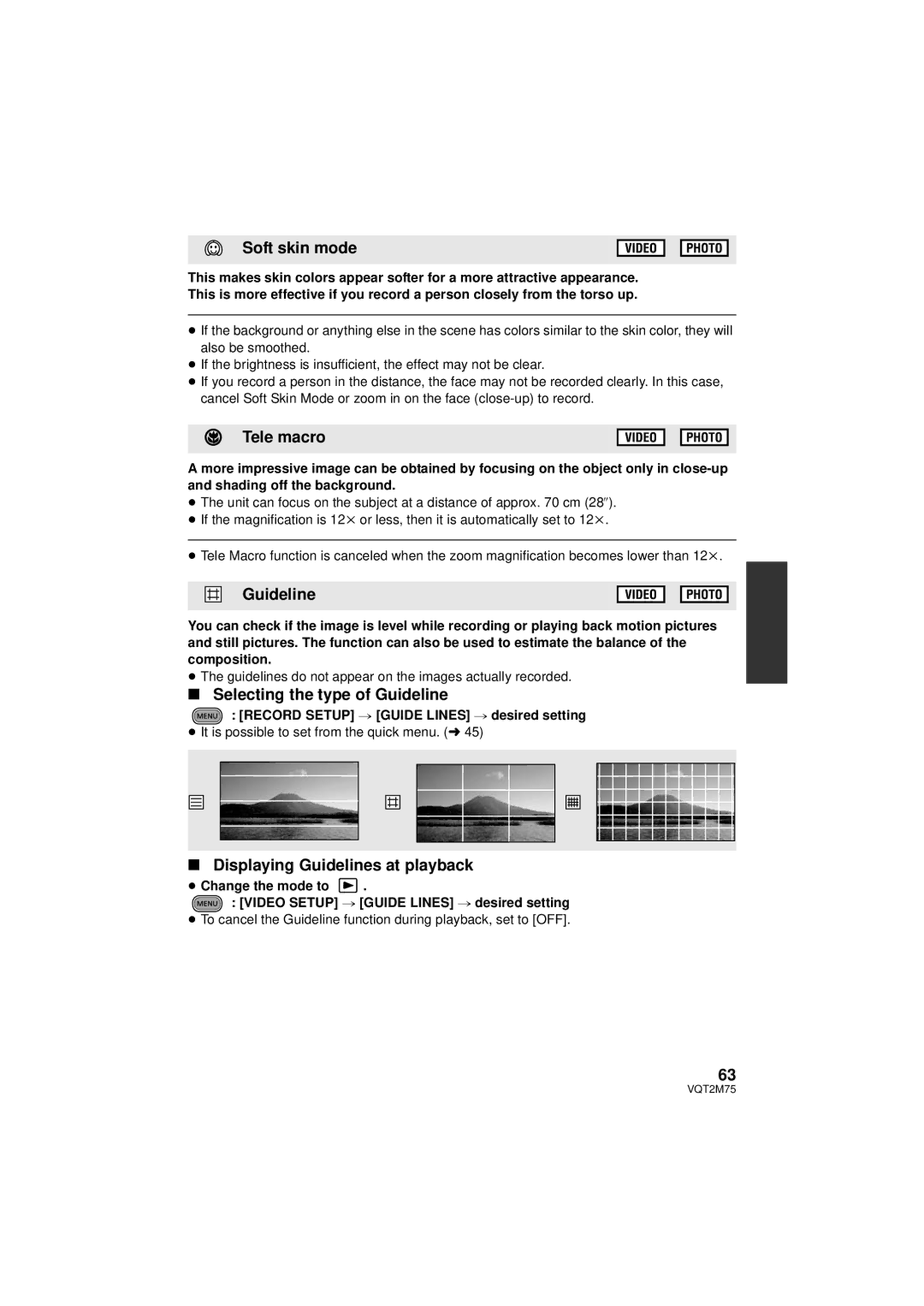 Panasonic HDC-TM700P/PC Soft skin mode, Tele macro, Selecting the type of Guideline, Displaying Guidelines at playback 