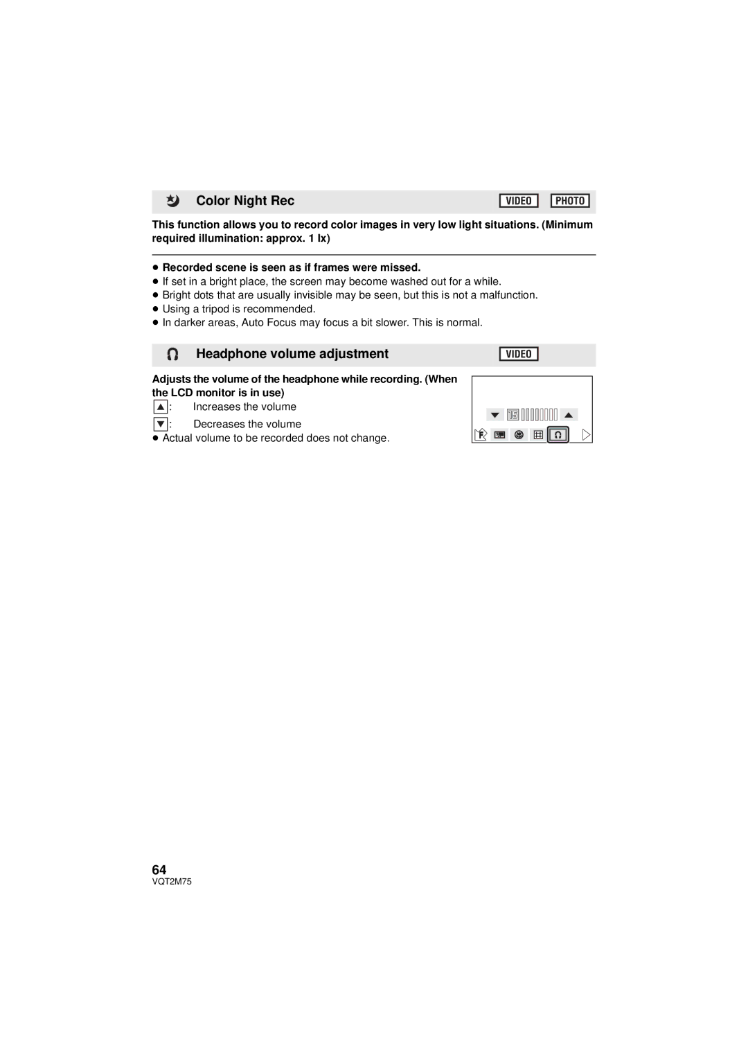 Panasonic HDC-TM700K, HDC-TM700P/PC, HDC-HS700P/PC operating instructions Color Night Rec, Headphone volume adjustment 