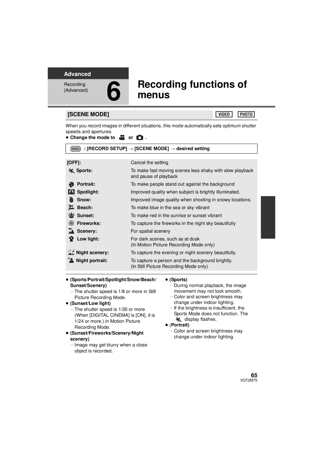 Panasonic HDC-HS700P/PC, HDC-TM700P/PC, HDC-TM700K operating instructions Menus, Scene Mode 