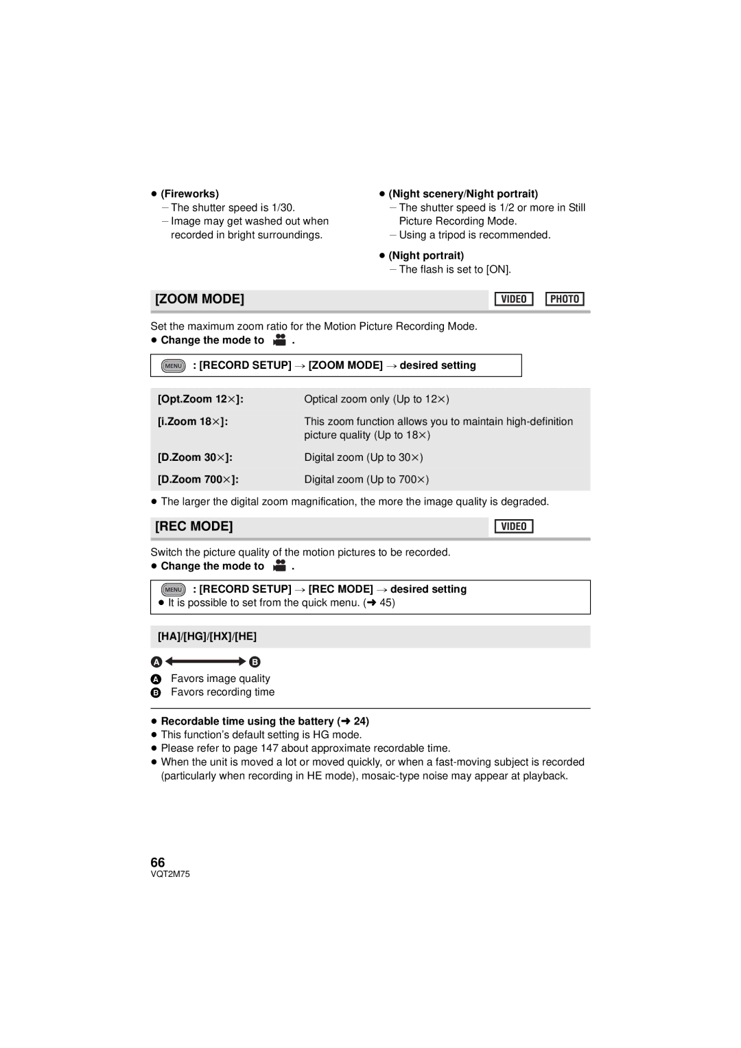 Panasonic HDC-TM700P/PC, HDC-TM700K, HDC-HS700P/PC operating instructions Zoom Mode, REC Mode,   