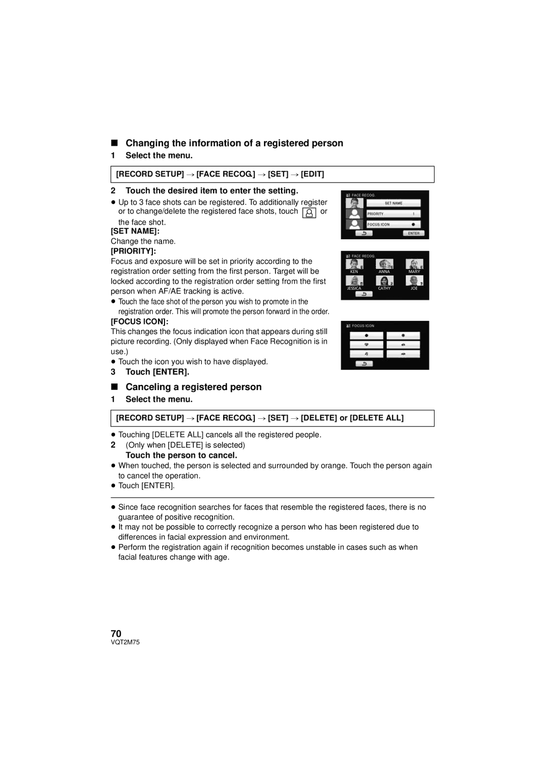 Panasonic HDC-TM700K Changing the information of a registered person, Canceling a registered person, Select the menu 