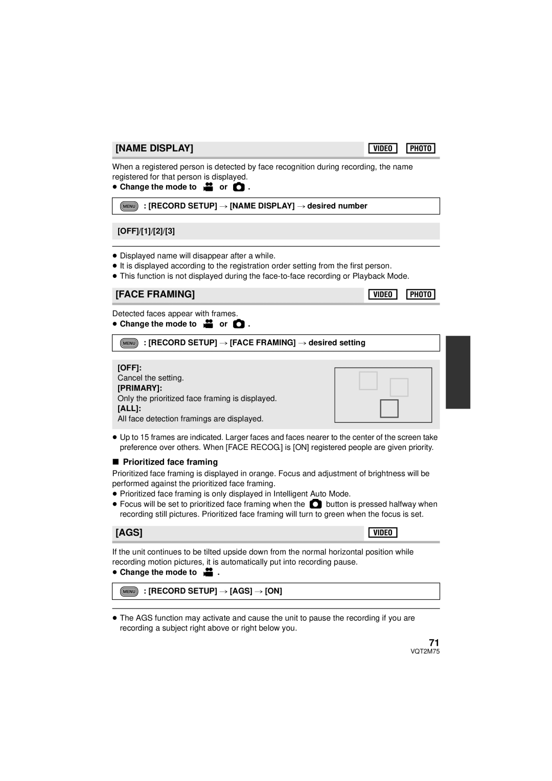 Panasonic HDC-HS700P/PC, HDC-TM700P/PC, HDC-TM700K Name Display, Face Framing, Ags, Prioritized face framing 