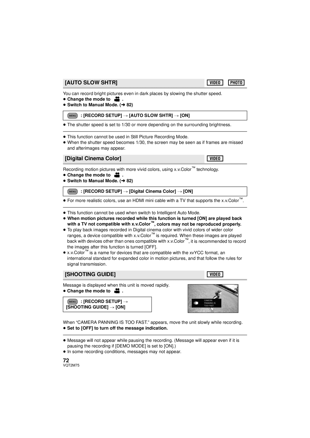 Panasonic HDC-TM700P/PC, HDC-TM700K Digital Cinema Color, Shooting Guide, Record Setup # Auto Slow Shtr # on 