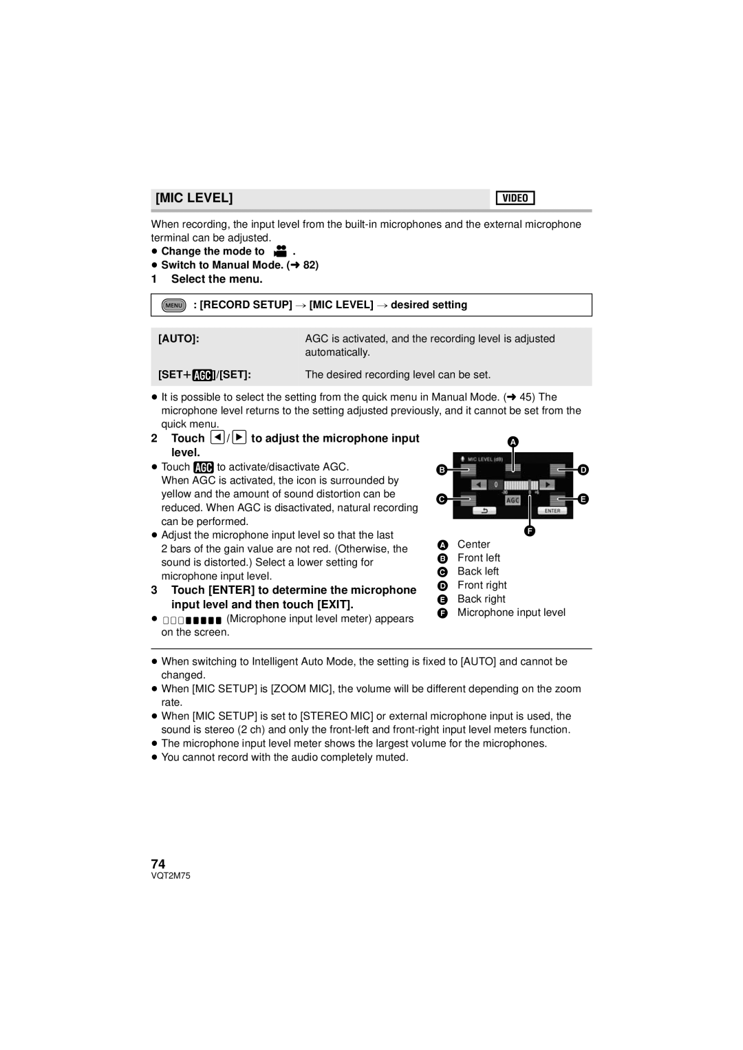 Panasonic HDC-HS700P/PC, HDC-TM700P/PC, HDC-TM700K MIC Level, Touch / to adjust the microphone input level, Auto, SETr 