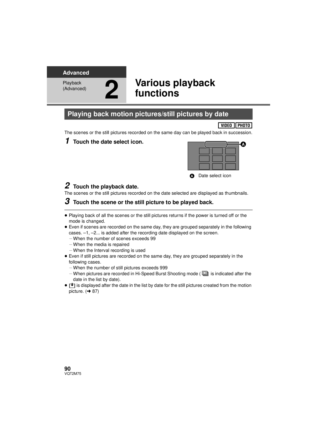 Panasonic HDC-TM700P/PC, HDC-TM700K Various playback, Functions, Playing back motion pictures/still pictures by date 