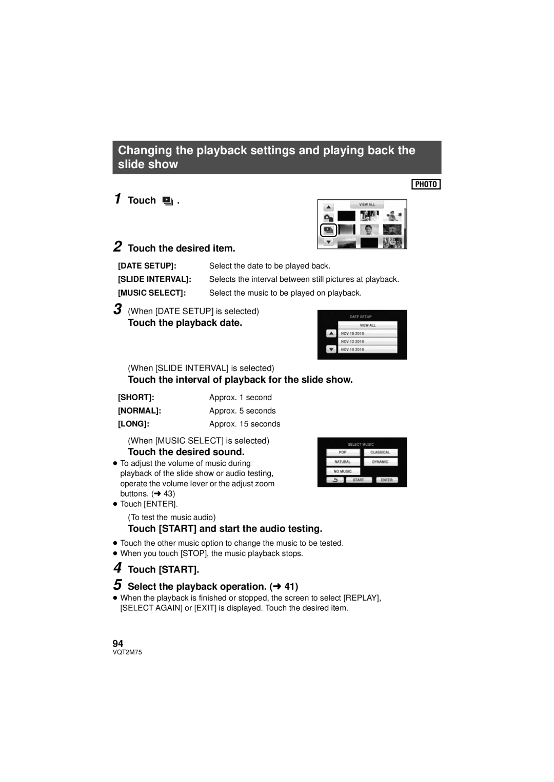 Panasonic HDC-TM700K, HDC-TM700P/PC Touch Touch the desired item, Touch the interval of playback for the slide show 