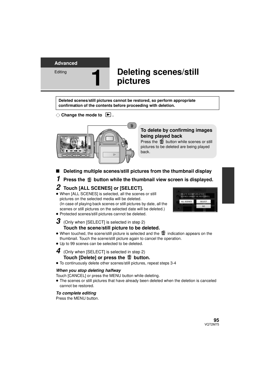 Panasonic HDC-HS700P/PC, HDC-TM700P/PC, HDC-TM700K Deleting scenes/still, To delete by confirming images being played back 