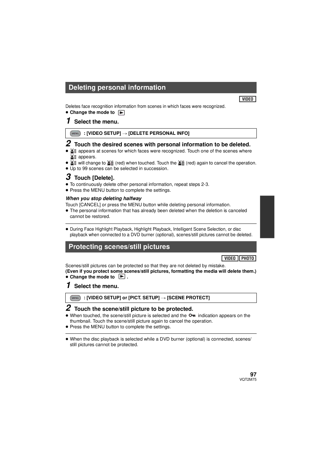 Panasonic HDC-TM700K, HDC-TM700P/PC Deleting personal information, Protecting scenes/still pictures, Touch Delete 