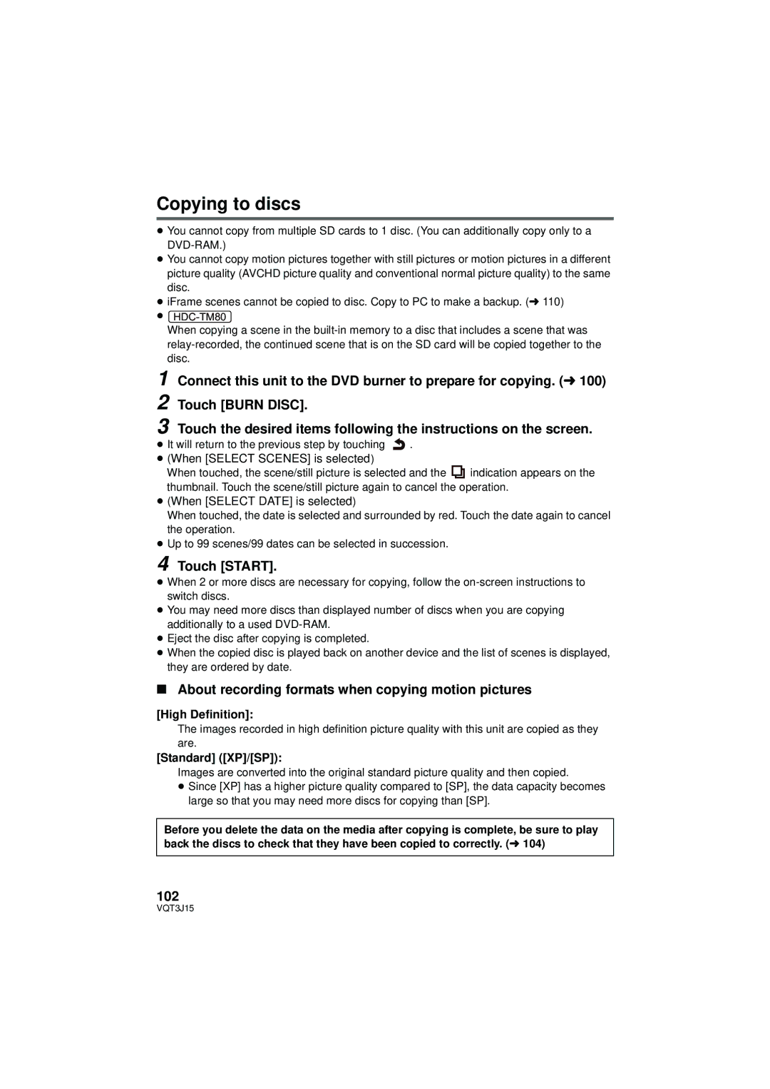 Panasonic HDC-TM80P/PC Copying to discs, About recording formats when copying motion pictures, 102, High Definition 