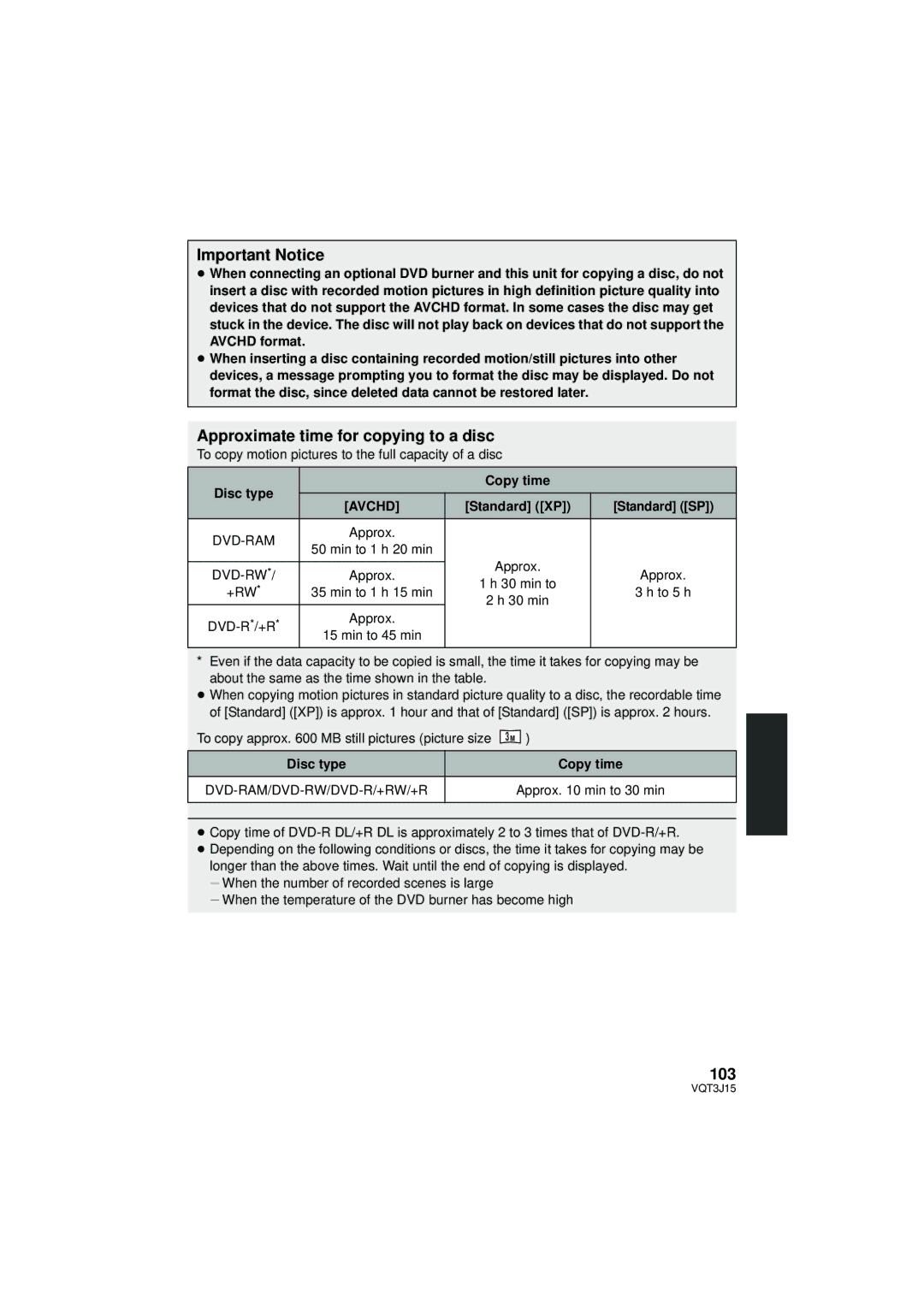 Panasonic HDC-HS80P/PC Important Notice, Approximate time for copying to a disc, 103, Disc type Copy time, Standard XP 