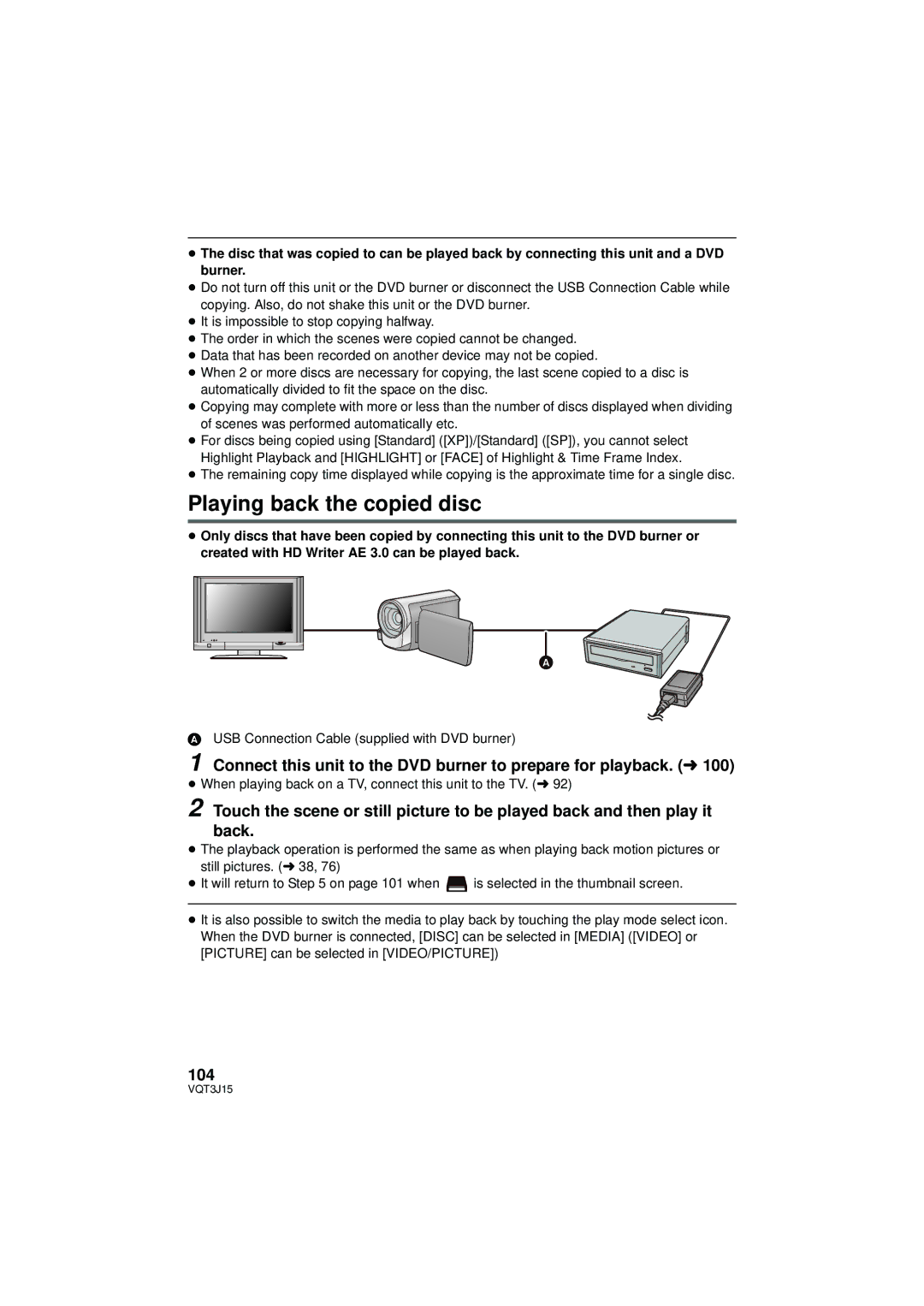 Panasonic HDC-SD80P/PC, HDC-TM80P/PC Playing back the copied disc, 104, USB Connection Cable supplied with DVD burner 