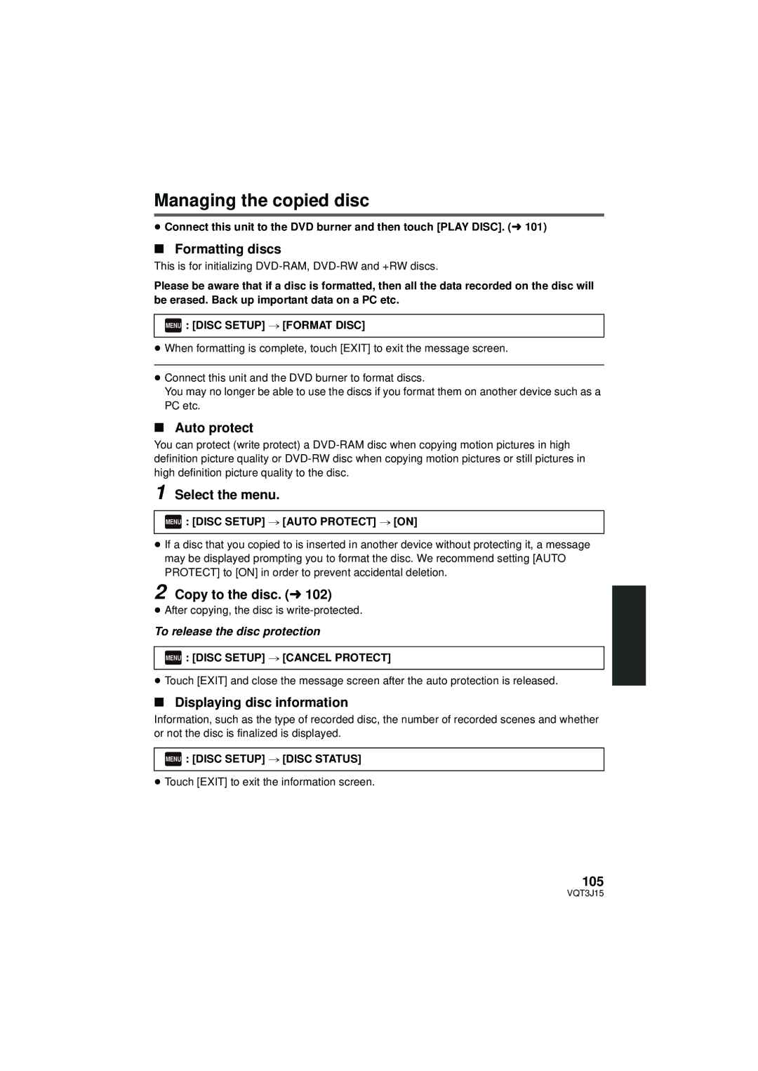 Panasonic HDC-TM80P/PC, HDC-HS80P/PC, HDC-SD80P/PC owner manual Managing the copied disc 