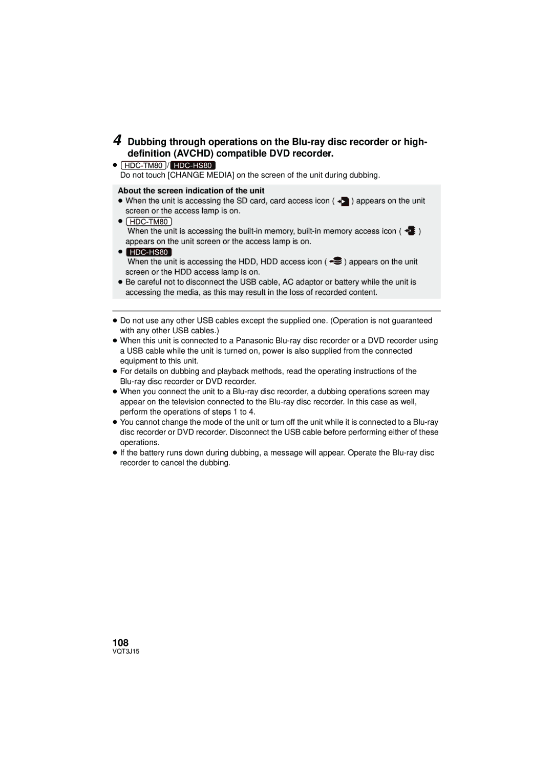 Panasonic HDC-TM80P/PC, HDC-HS80P/PC, HDC-SD80P/PC owner manual 108, About the screen indication of the unit 