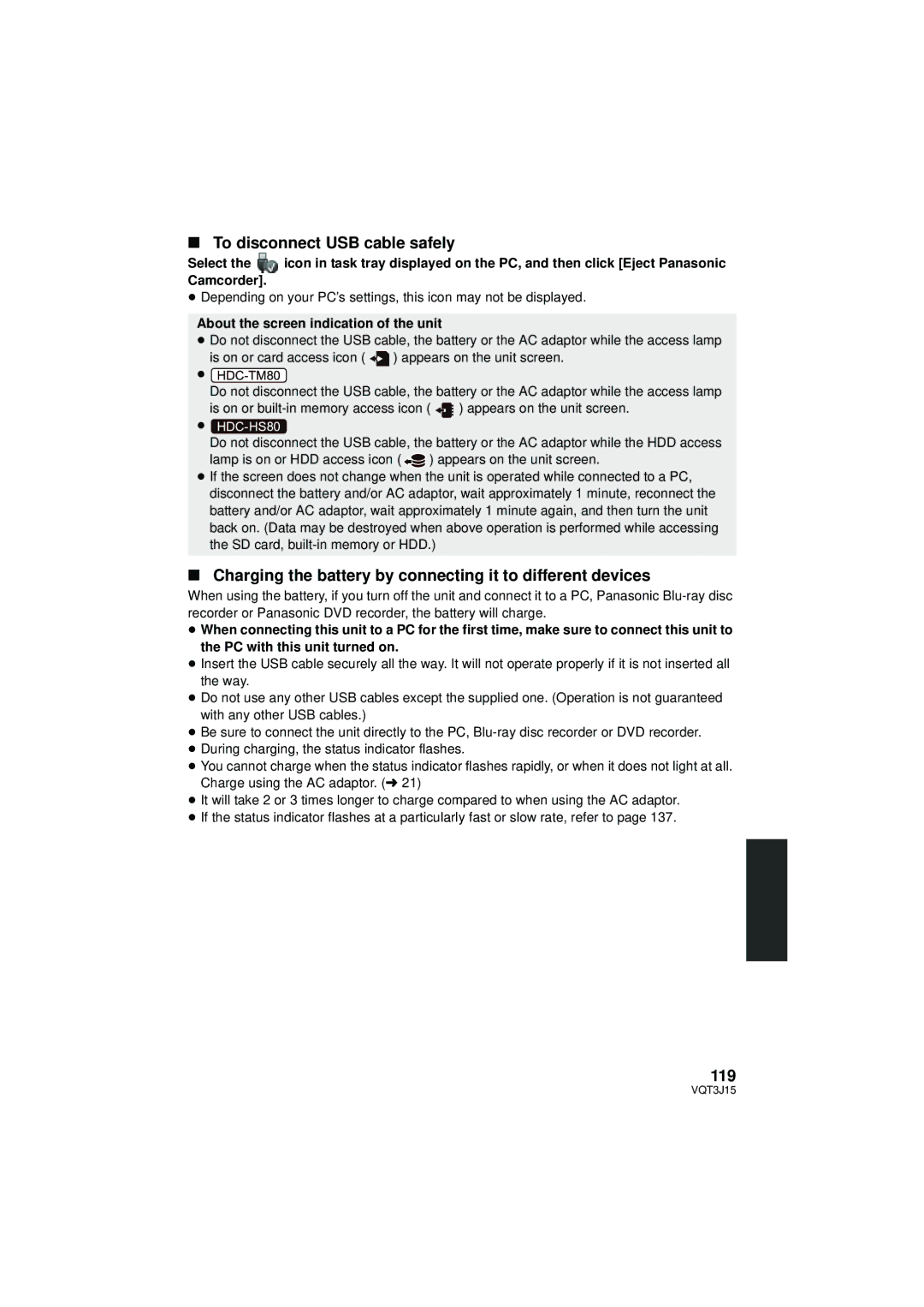 Panasonic HDC-SD80P/PC To disconnect USB cable safely, Charging the battery by connecting it to different devices, 119 