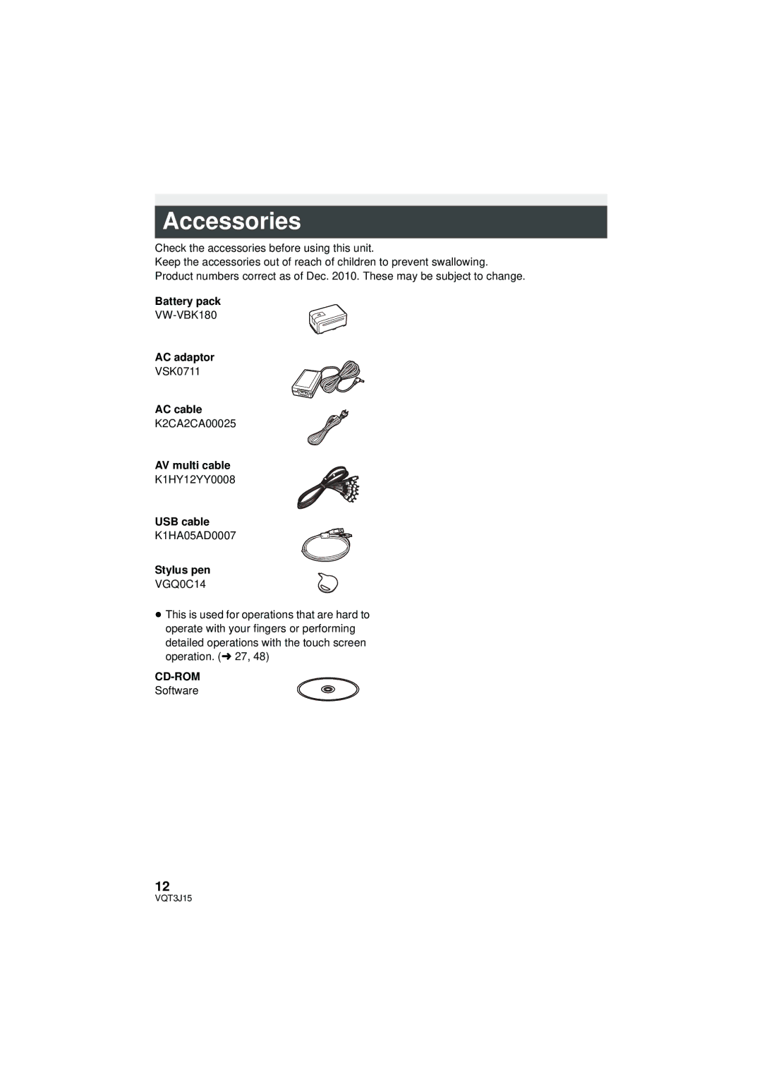 Panasonic HDC-TM80P/PC, HDC-HS80P/PC, HDC-SD80P/PC owner manual Accessories, Cd-Rom 