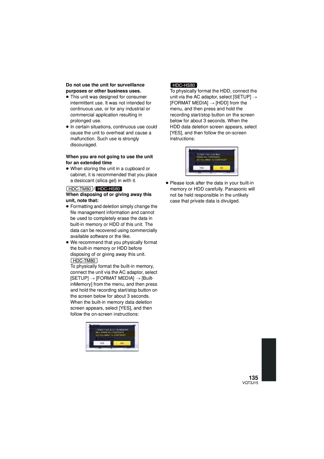 Panasonic HDC-TM80P/PC, HDC-HS80P/PC, HDC-SD80P/PC 135, When you are not going to use the unit for an extended time 