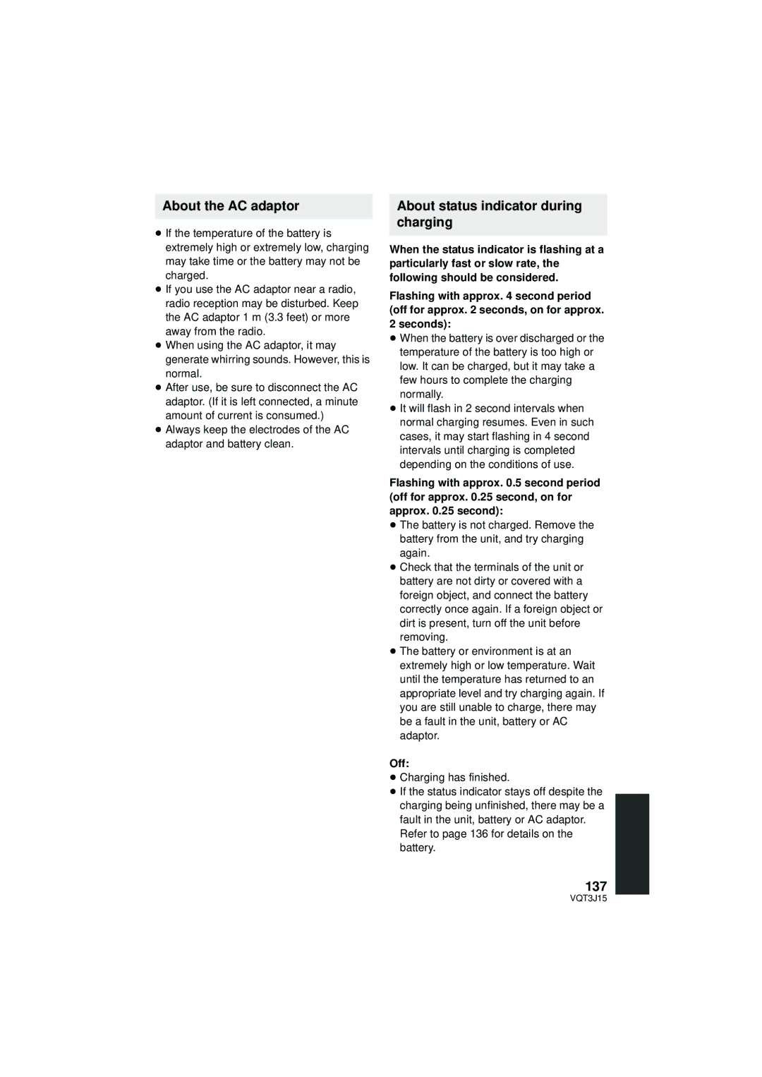 Panasonic HDC-SD80P/PC, HDC-TM80P/PC owner manual About the AC adaptor, About status indicator during charging, 137, Seconds 