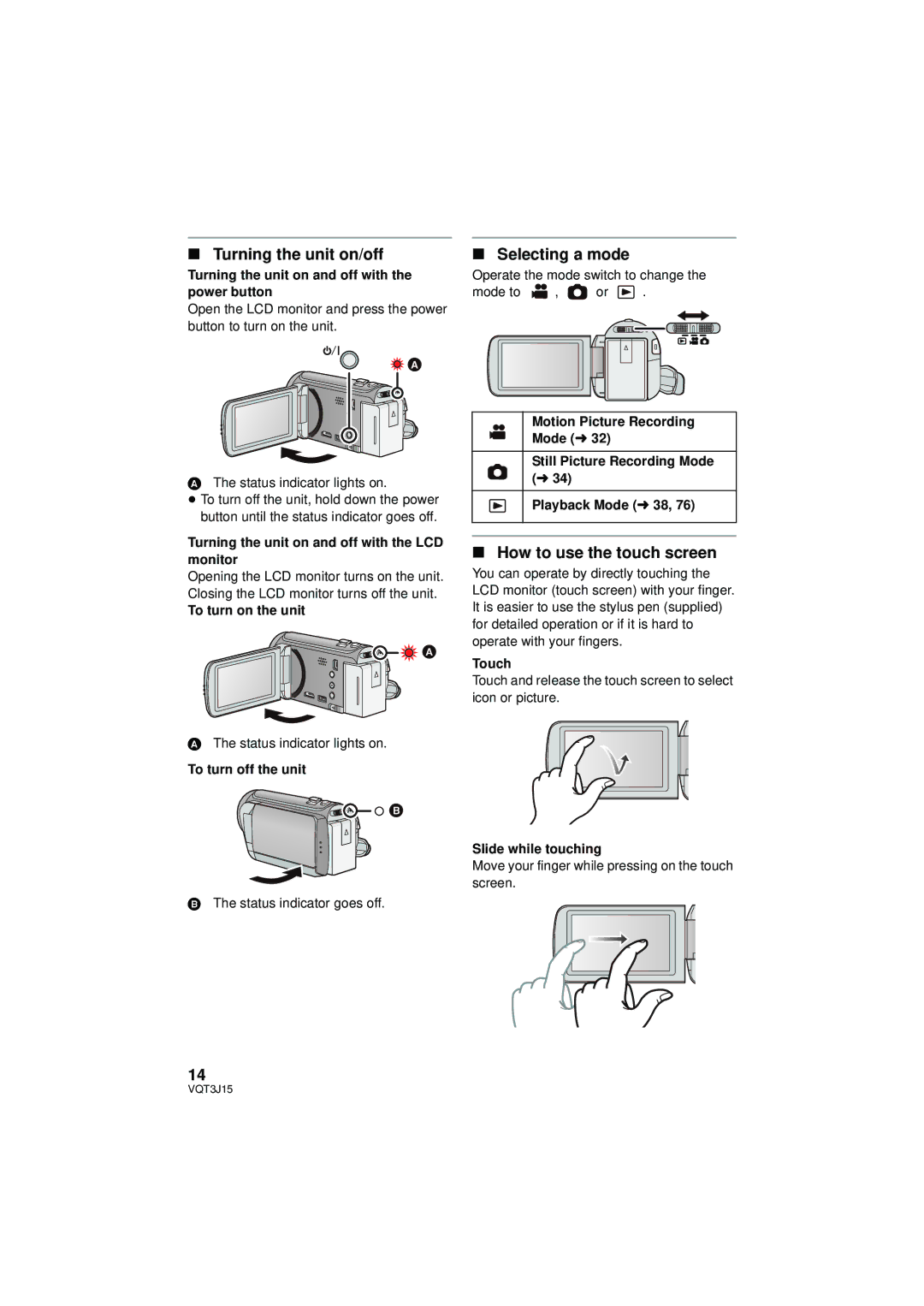 Panasonic HDC-SD80P/PC, HDC-TM80P/PC, HDC-HS80P/PC Turning the unit on/off, Selecting a mode, How to use the touch screen 