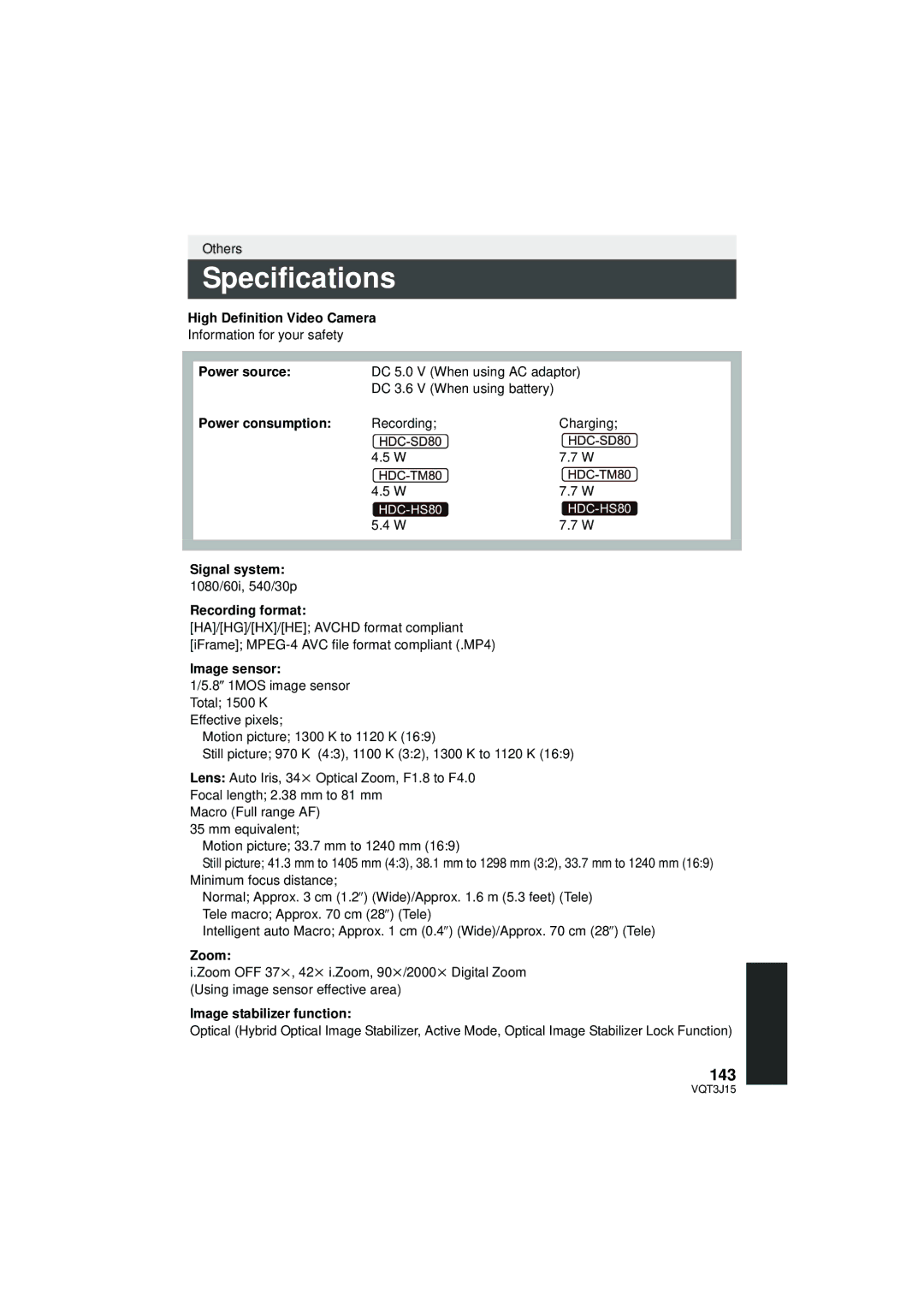 Panasonic HDC-SD80P/PC, HDC-TM80P/PC, HDC-HS80P/PC owner manual Specifications, 143 