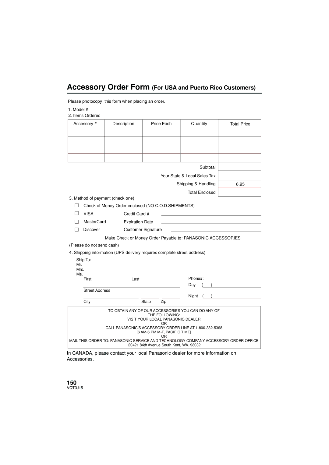 Panasonic HDC-TM80P/PC, HDC-HS80P/PC, HDC-SD80P/PC owner manual Accessory Order Form For USA and Puerto Rico Customers, 150 