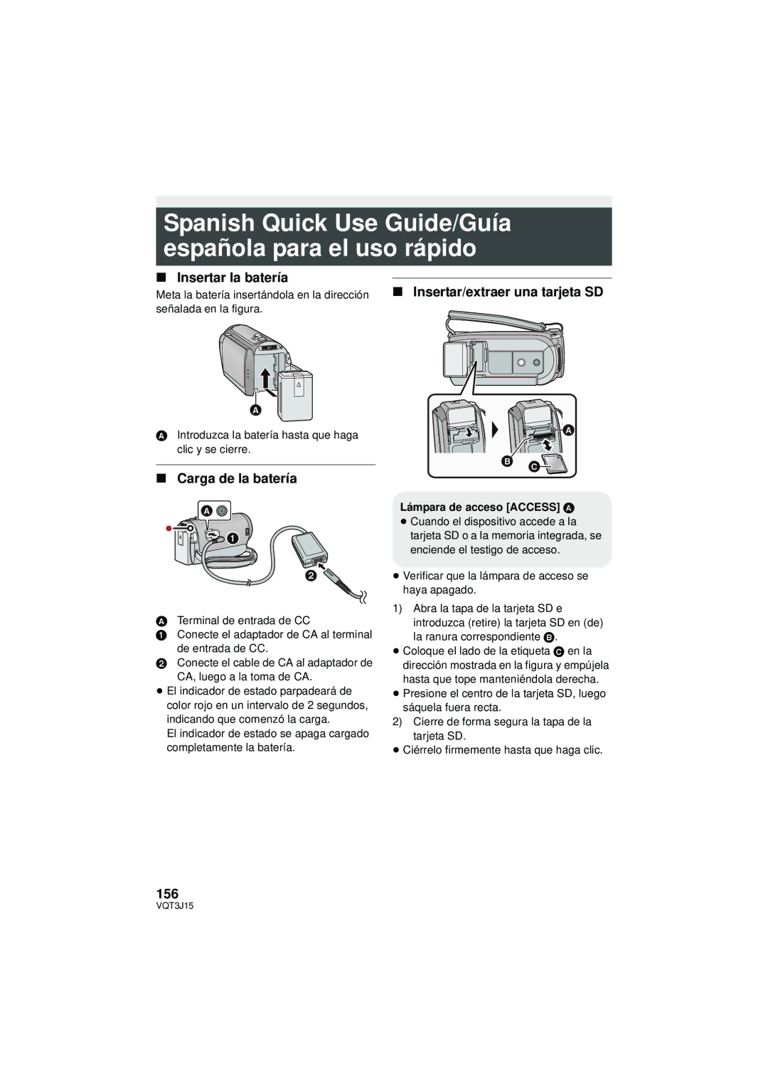 Panasonic HDC-TM80P/PC Spanish Quick Use Guide/Guía española para el uso rápido, Insertar la batería, Carga de la batería 