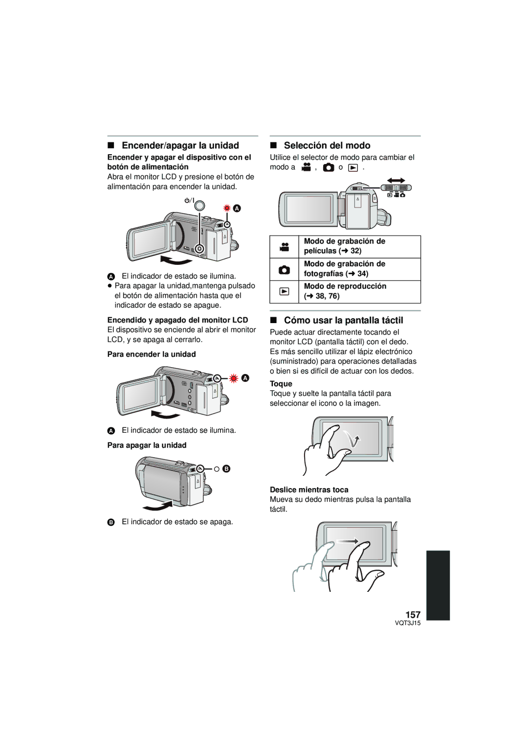 Panasonic HDC-HS80P/PC, HDC-TM80P/PC Encender/apagar la unidad, Selección del modo, Cómo usar la pantalla táctil, 157 