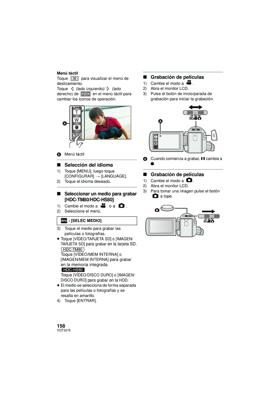 Panasonic HDC-SD80P/PC Grabación de películas, Selección del idioma, Seleccionar un medio para grabar HDC-TM80/HDC-HS80 