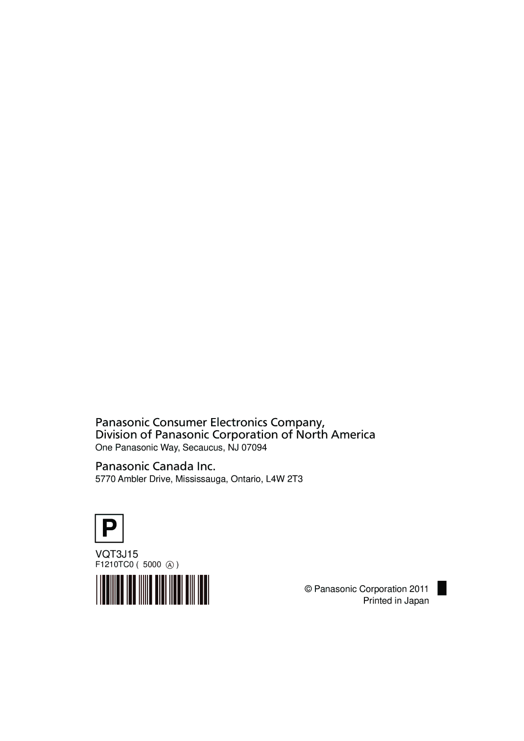 Panasonic HDC-HS80P/PC, HDC-TM80P/PC, HDC-SD80P/PC owner manual Panasonic Canada Inc 