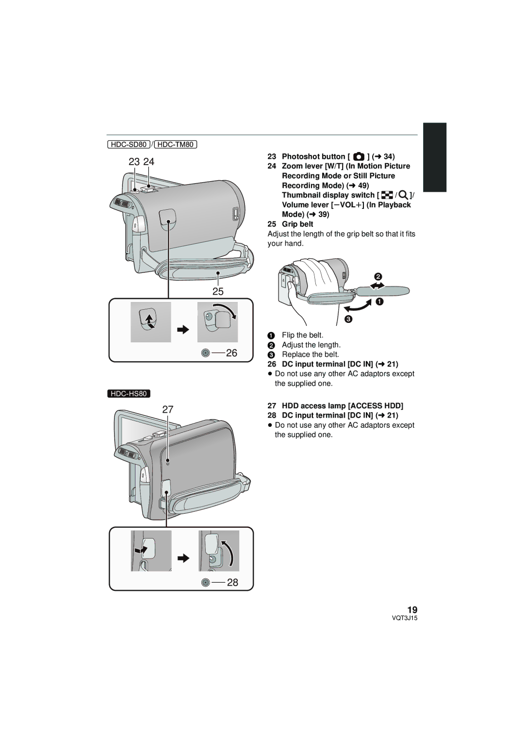 Panasonic HDC-HS80P/PC owner manual DC input terminal DC in l21, ≥ Do not use any other AC adaptors except the supplied one 