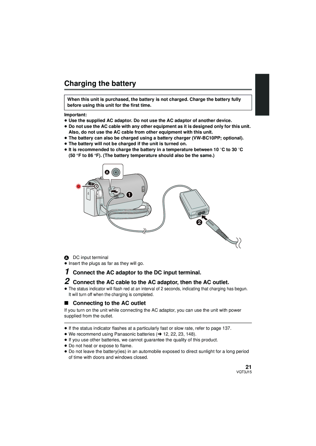 Panasonic HDC-TM80P/PC Charging the battery, Connect the AC adaptor to the DC input terminal, Connecting to the AC outlet 